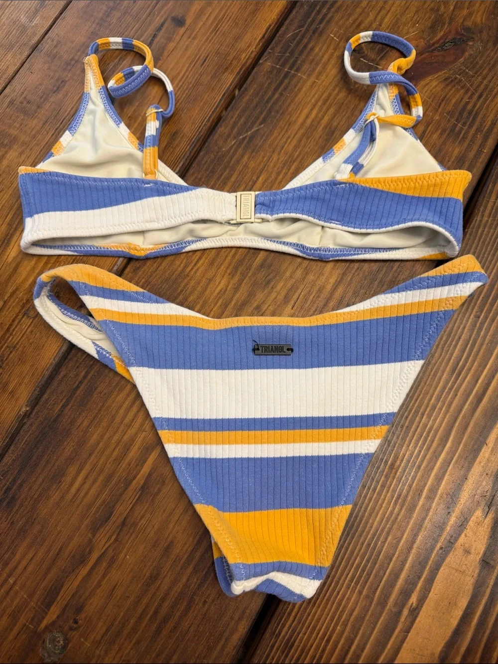 triangl swimwear Blue, White & Yellow Ribbed Stripe Bikini Top XL/Bottom Med EUC